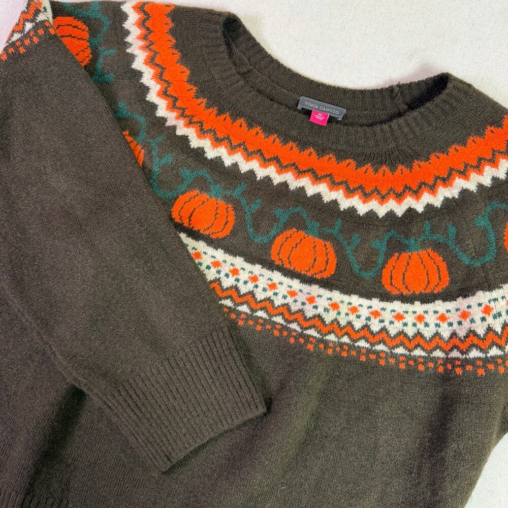 Vince Camuto Pumpkin Fair Isle Sweater Womens XL Brown Halloween Autumn Stretch